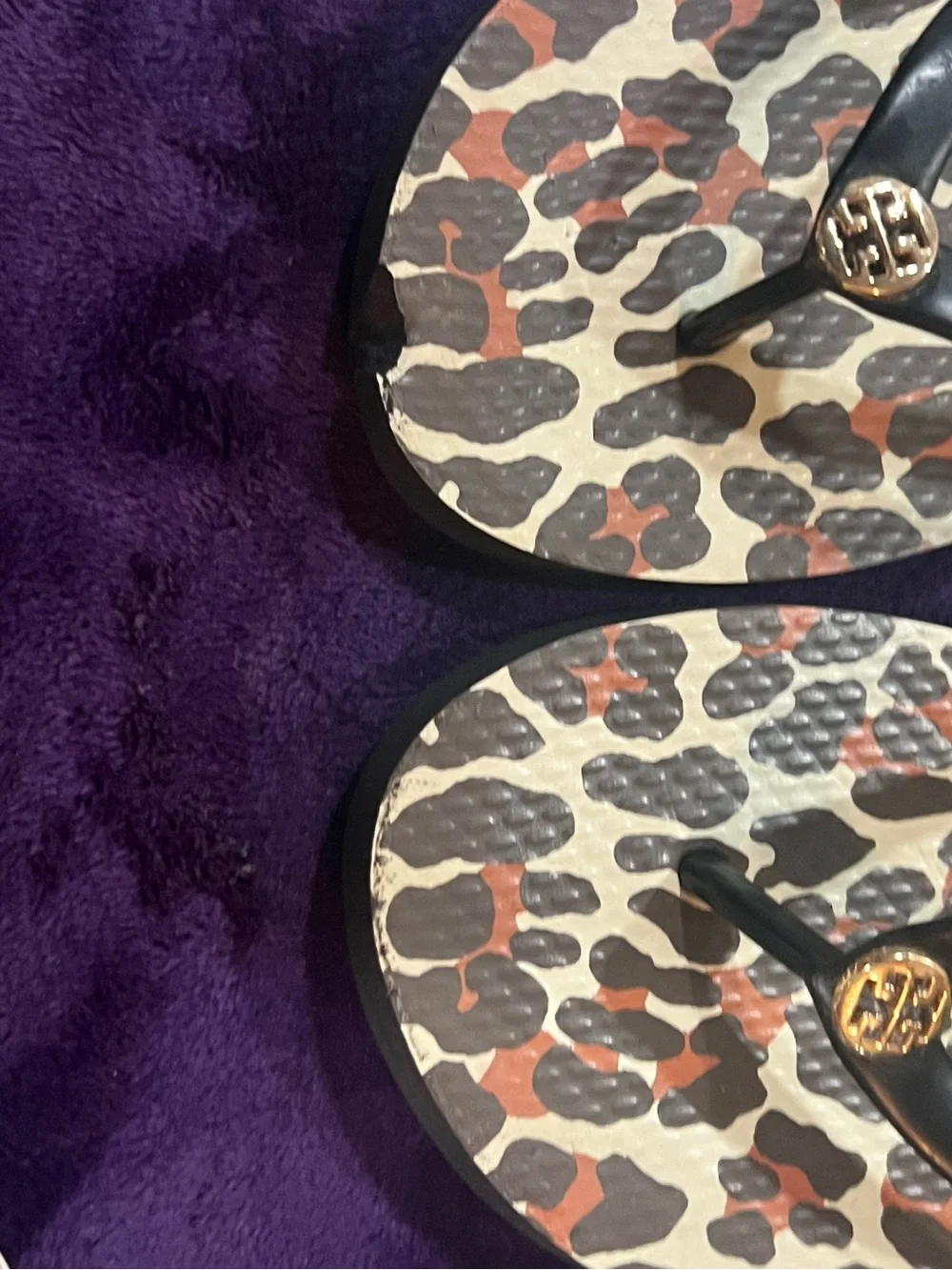 Tory Burch Leopard-Print Flip Flops with Black Straps and Gold Logo
